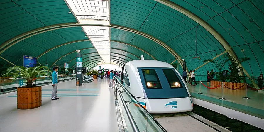 Shanghai Maglev train traveling on its elevated guideway