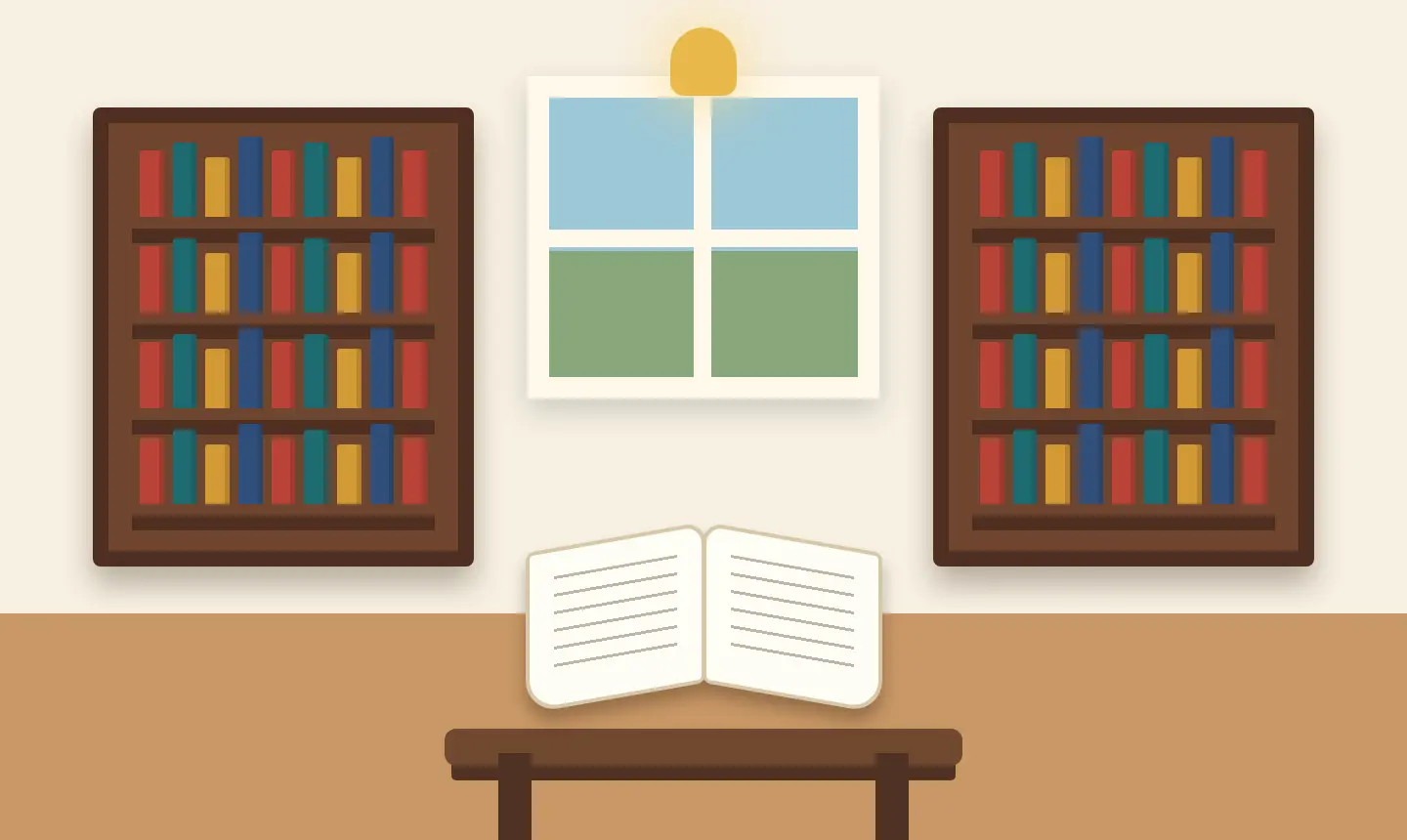 Editorial illustration of bookshelves and an open book for Xi’an bookstore planning