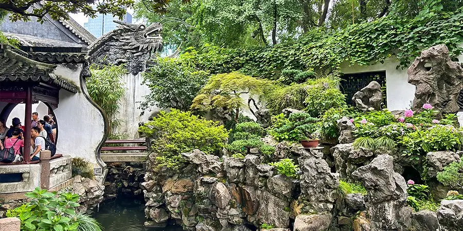 Yu Garden greenery and traditional pavilions during spring in Shanghai