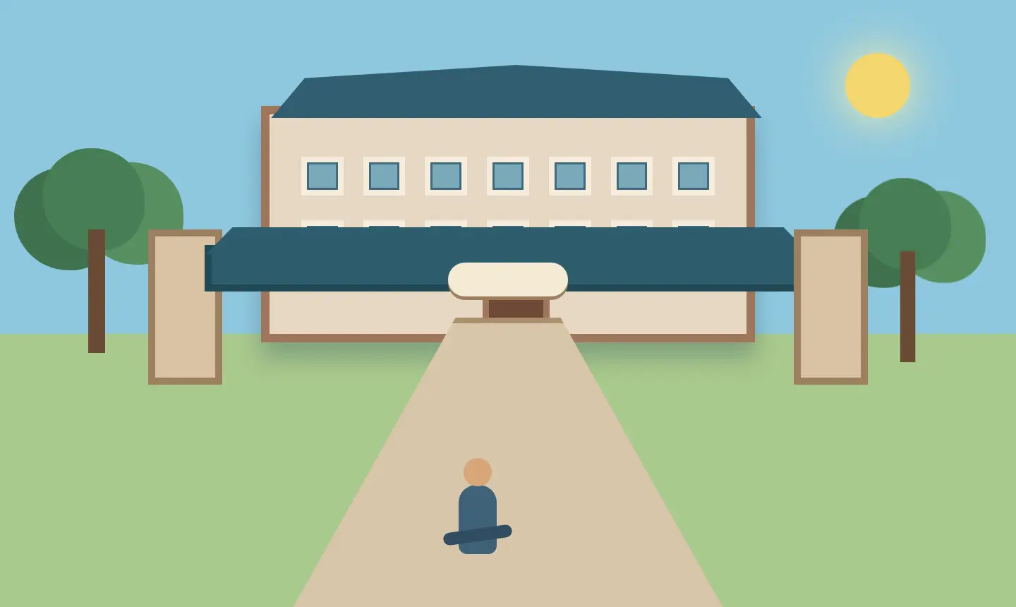 Editorial illustration of a university gate, campus walkway and academic building